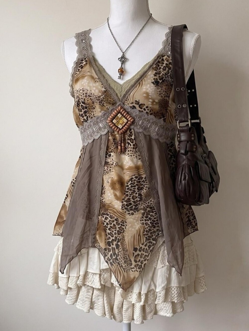 Vtg Y2K Asymmetrical Mesh Forest Fairy Grunge Lace Tank Top